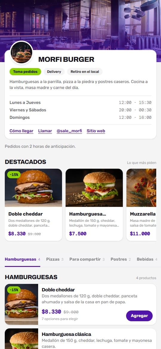 La carta de Morfi Burger abierta en un celular, con el local, los horarios y los productos destacados